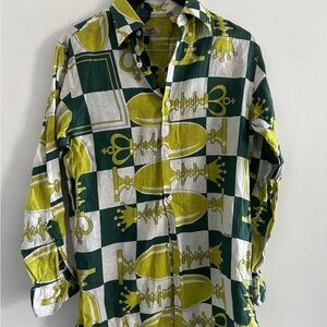 Linen Green and Yellow Chess Pattern Shirt Hermes button up